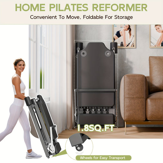 Pro Pilates Reformer Machine - Foldable Home Studio Equipment, 400lbs Capacity, 4 Springs & 5 Cords