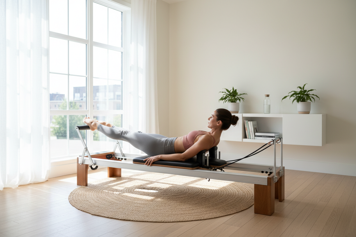mulher a fazer pilates, num equipamento de pilates em casa 