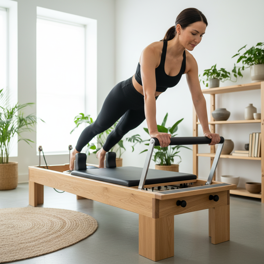 Woman Doing Plank on Wooden Reformer